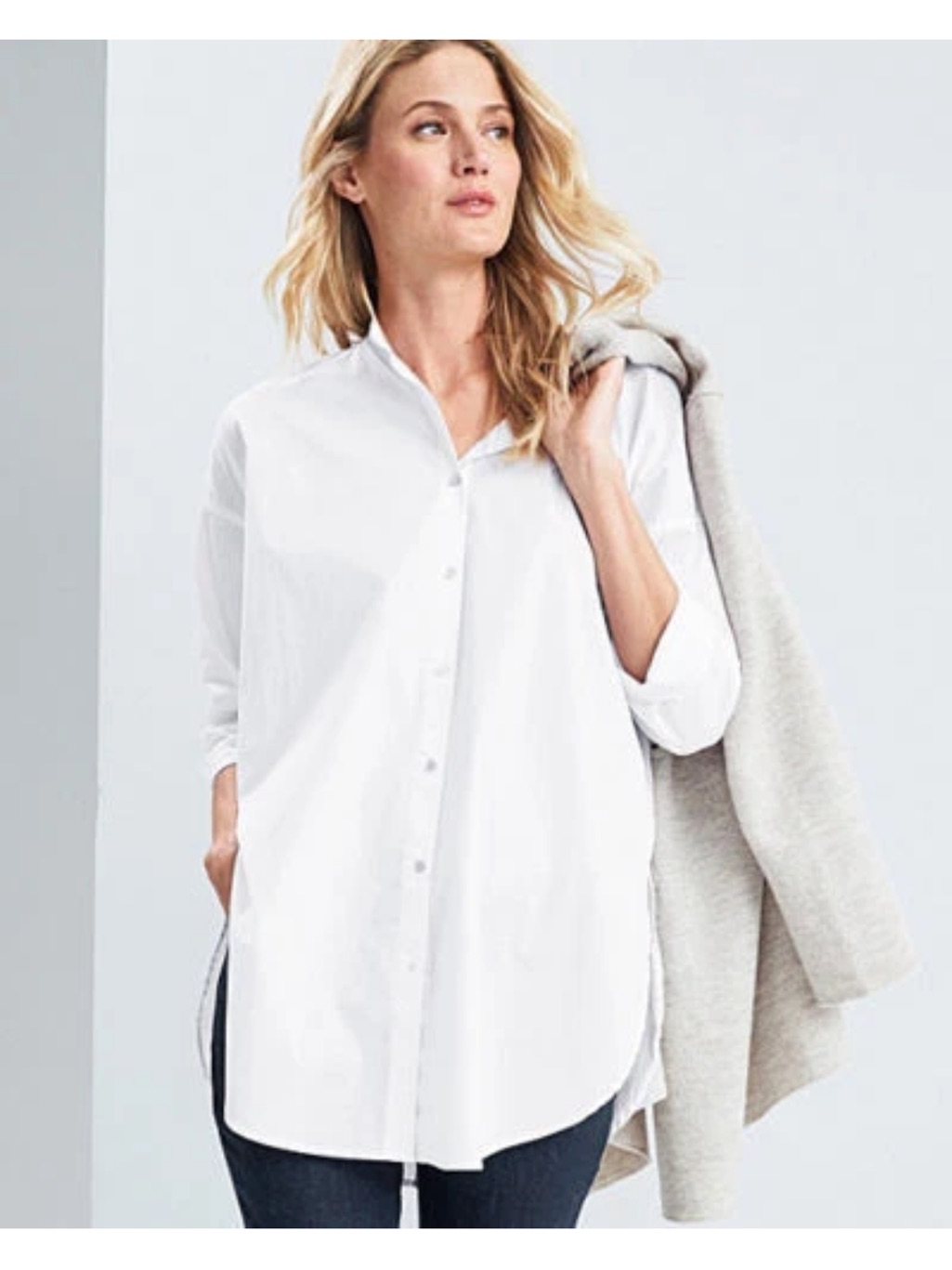 Eileen Fisher 2x Organic Cotton Stretch Lawn White Mandarin Collar Shirt Nwt